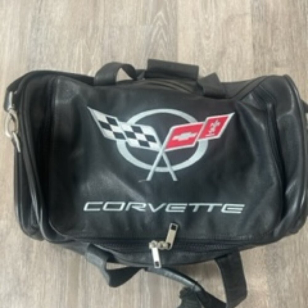Corvette Duffle Bag Large Black Genuine Leather w Padded Shoulder Strap